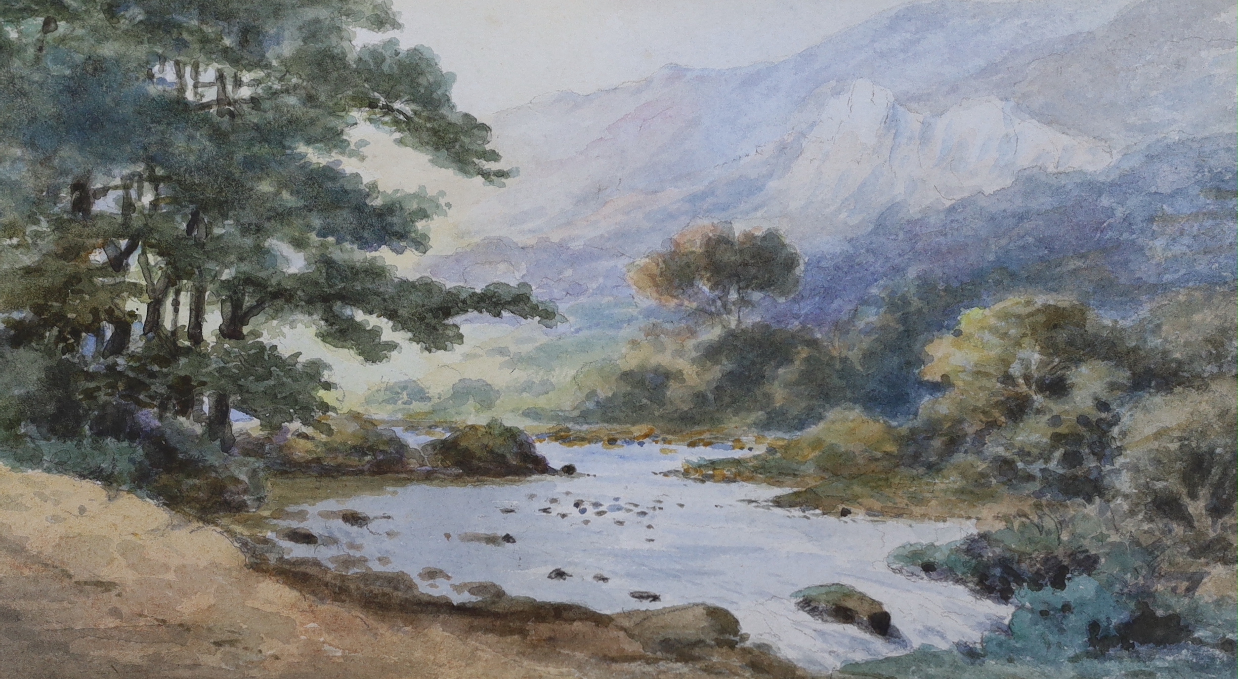 S Bunyan, pair of Cornish watercolours, Hillside landscape and river scene, dated 1900 to the mounts, one signed, 27cm x 15cm